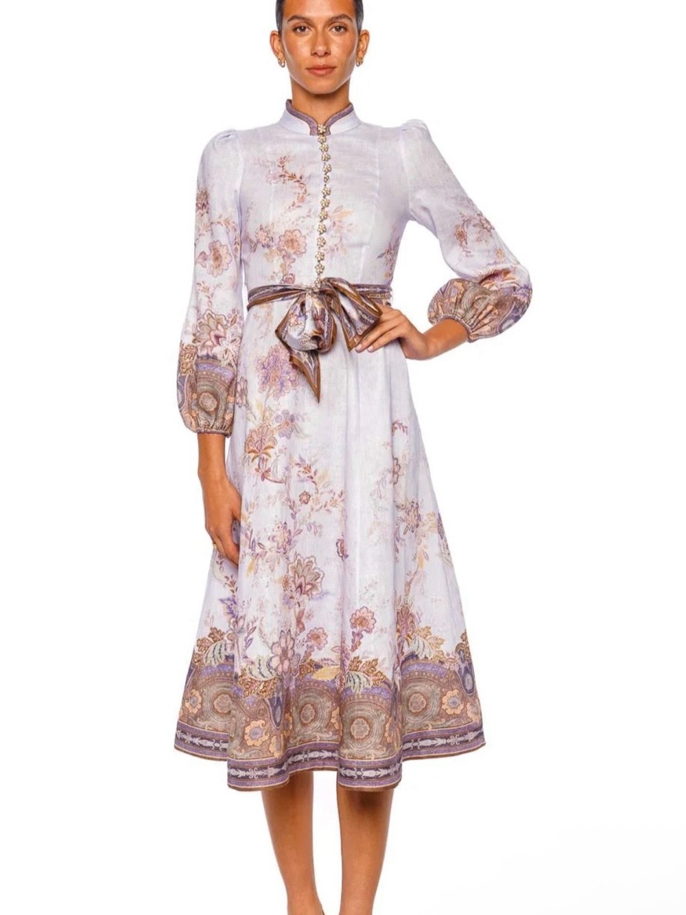 Zimmermann Lilac Paisley-Trim Midi Dress with Bronze Sash